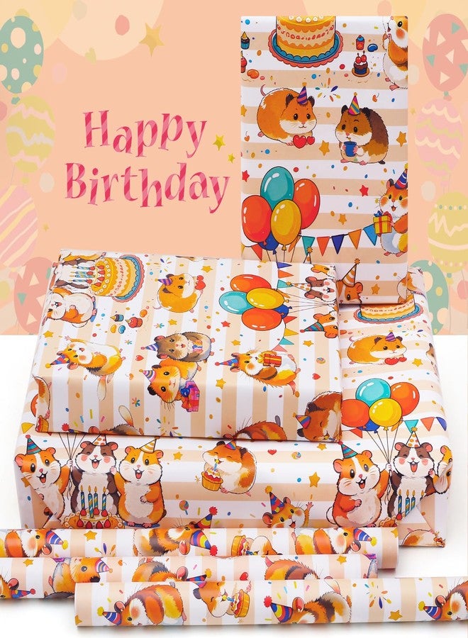 AircooL Hamster Birthday Wrapping Paper for Kids Boys Girls, Cute Hamster with Cake Balloon Banner Animal Party Wrapping Paper 6 Sheets Foled Flat 20x28 Inches per Sheet, For Birthday Wedding Party - Image 3